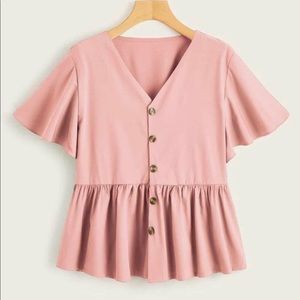 Pink Button Ruffle Hem Blouse